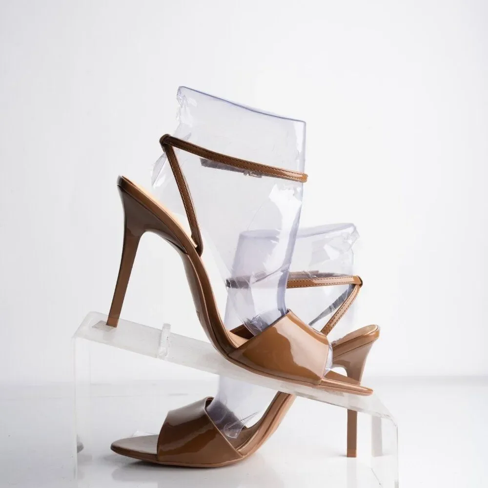Zara Womens Glossy Mule Strappy Heels Brown US 7.5 EU 38 New with Defects - Picture 3 of 9